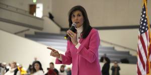 Nikki Haley gives a speech to caucus-goers at a caucus site in Des Moines,Iowa.
