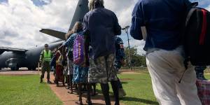 People being evacuated from Groote Eylandt and the McArthur River Mine airfield near Borroloola in the Northern Territory ahead of Cyclone Trevor last March.