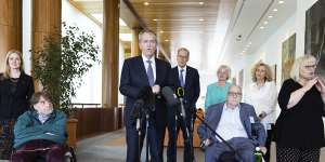 Minister for the National Disability Insurance Scheme Bill Shorten with review panel members (from left) Lisa Paul,Dougie Herd,Bruce Bonyhady,Judy Brewer and Kirsten Deane.
