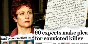 Clockwise from left:Kathleen Folbigg outside the NSW Supreme Court in 2003,an extract from her letters to her best friend Tracy Chapman,and newspaper articles on her conviction and subsequent push by experts for a pardon.
