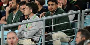 Latrell Mitchell watches on as part of a bulging Rabbitohs casualty ward.