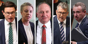 Deputy Prime Minister Barnaby Joyce (centre) has set up a net zero emissions committee within the Nationals. From left:David Littleproud,Bridget McKenzie,Barnaby Joyce,Keith Pitt,Kevin Hogan
