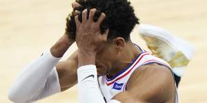 Ben Simmons’ Philadelphia 76ers and Boomers teammate Matisse Thybulle reacts after fouling the Hawks’ Kevin Huerter during game seven. 