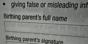 A photograph of the birthing parent form given to new mother Sall Grover at Gold Coast Hospital under a now-aborted gender-neutral language trial.