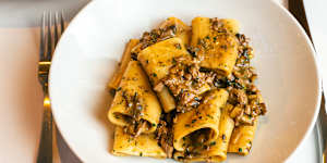 Pasta baronessa,a sauce of mushroom and chicken liver served on paccheri.