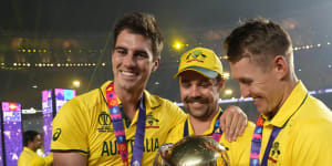Australia’s World Cup match-winners Pat Cummins,Travis Head and Marnus Labuschagne.