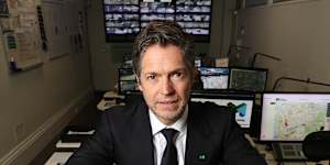 Lord Mayor Nick Reece in the City of Melbourne’s CCTV control room at Town Hall.