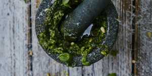 Jamie Oliver's best basil pesto with basil,parmesan and pine nuts.