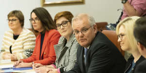 Prime Minister Scott Morrison and Minister for Women Marise Payne during the first meeting of cabinet’s women’s taskforce in April.