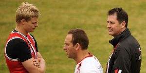 Flashback:Nick Riewoldt talks with Dave Misson and Ross Lyon before St Kilda training in 2008.