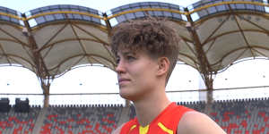 In a happy place:The Gold Coast Suns’ Tori Groves-Little ahead of 2022 AFLW pride round.