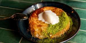 Knafeh with goat's cheese,pistachio and labne ice-cream. 