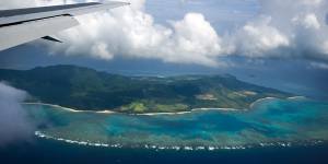 Ishigaki Island is seen from an airplane window in Okinawa Prefecture,Japan.