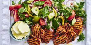 Garlicky grilled chicken with a simple salad.