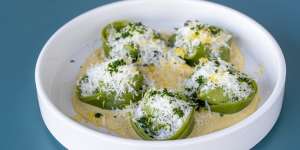 Jerusalem artichoke and ricotta cappellacci with braised leek and parmesan. 