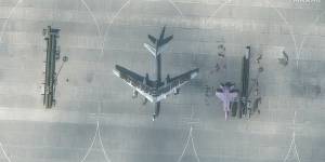 A satellite image from Maxar Technologies shows the curious arrangement at the Russian air base. 