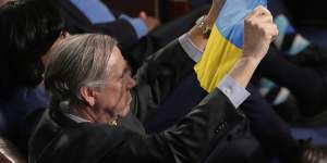 A Democratic member of Congress holds a Ukrainian flag as President Donald Trump addresses the joint sitting.