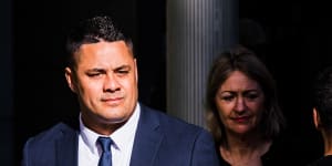 Jarryd Hayne outside the NSW District Court in Sydney with barrister Margaret Cunneen,SC.