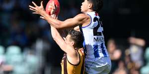 North Melbourne forward Paul Curtis battles for a mark against Hawthorn on Saturday.