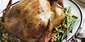 Neil Perry's roast turkey with ricotta stuffing and a side of green beans with hazelnuts.