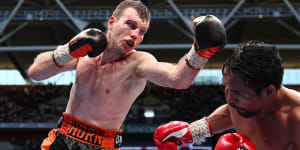 Jeff Horn on his way to stunning Manny Pacquiao at Suncorp Stadium in 2017.