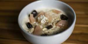 Porridge with oat milk,fruit,dates and honeycomb.