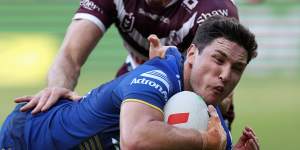 Mitchell Moses scores a try against Manly.
