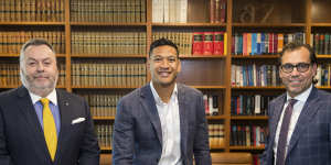Stuart Wood,QC (left) with his client Israel Folau (centre) and legal collaborator George Haros (right).