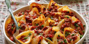 Pasta shells with pork ragu and parmesan cream. 