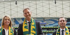 New Football Australia chief executive Martin Kugeler (centre) with Heather Garrick,executive general manager of football,and chairman Anter Isaac.