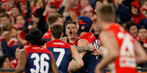 Bayley Fritsch celebrates with Demons teammates.