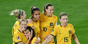 Australia’s Hayley Raso celebrates scoring their second goal with teammates 