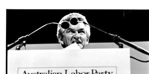 Bob Hawke delivers his election policy speech at Sydney Opera House on February 16,1983. 