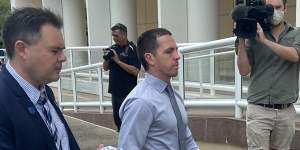Constable Zachary Rolfe arrives at court in Darwin with NT Police Association president Paul McCue.