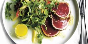 Spice-crusted tuna,tomato and butter bean salad.