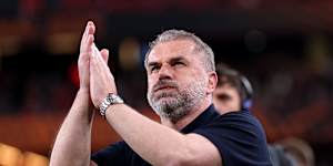 BILBAO,SPAIN - MAY 21:Ange Postecoglou,Manager of Tottenham Hotspur,reacts as he applauds the Tottenham Hotspur fans after his side’s victory in the UEFA Europa League Final 2025 between Tottenham Hotspur and Manchester United at Estadio de San Mames on May 21,2025 in Bilbao,Spain. (Photo by Michael Steele/Getty Images)