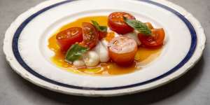 A dish of cherry tomatoes,whipped cod roe and salmon pearls by Kalnins for Hazel restaurant.