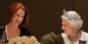 Queen Elizabeth II with then-prime minister Julia Gillard at the Commonwealth Heads of Government Meeting banquet in Perth on October 28,2011.