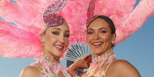 The Pink Flamingo in Brisbane:showgirls Emilee-May Bradbury and Tori Hasselmeyer.