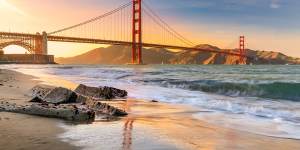 The famous Golden Gate Bridge in San Francisco at sunset. 