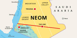 NEOM is sited in the north-west of the country,bordering Jordan and Egypt. The world’s largest construction project,it covers the equivalent area of about 33 New York cities.