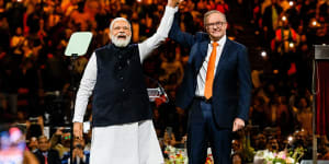 Narendra Modi on stage with Prime Minister Anthony Albanese in Sydney in May last year. 
