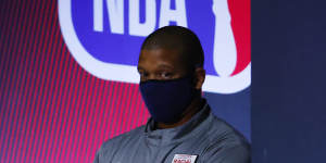 Orlando Magic assistant coach Mike Batiste looks on before game five.