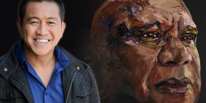 Anh Do and his portrait of the late Archie Roach titled Seeing Ruby.