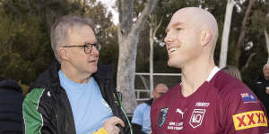 Prime Minister Anthony Albanese speaking to independent ACT Senator David Pocock ahead of last week’s parliamentary State of Origin touch rugby game.