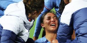 Selma Bacha of France is injured during the International Friendly match between the Australia Matildas and France.