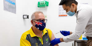 Prime Minister Scott Morrison receiving the COVID-19 vaccine on February 21,the first day of the program.