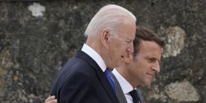 Joe Biden and Emmanuel Macron pictured at the G7 summit in June during happier times in the US-French relationship. 