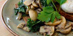 Mushroom ragu with kale and poached eggs.