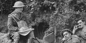 War artist Will Dyson sketching troops in World War I.